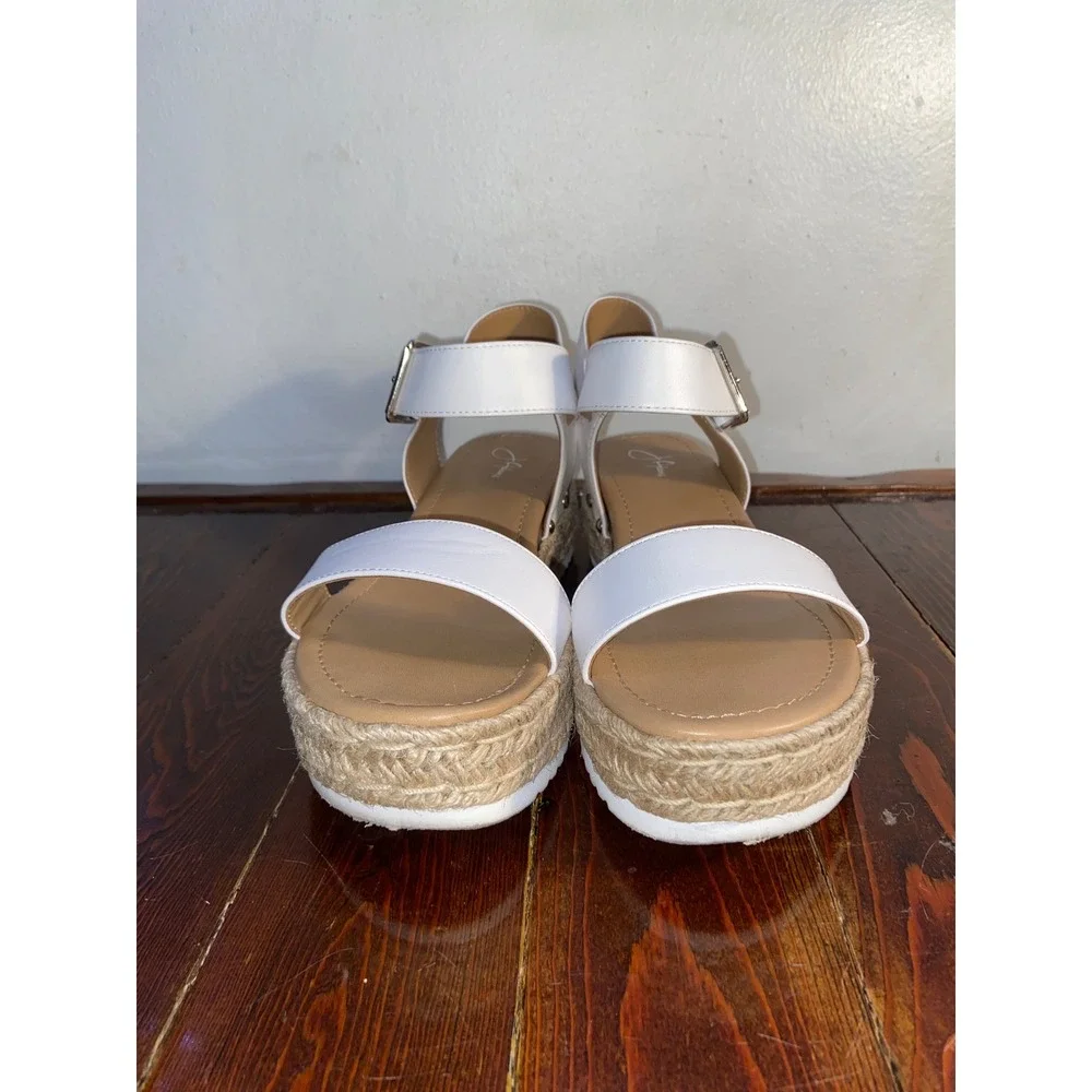 J. Adams White Platform Espadrille Sandals Wedge Buckle Coastal Boho Minimalist